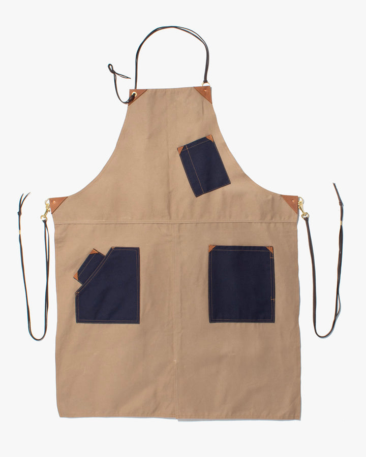 Kokoro Original Work Apron, Full, Canvas Two-Tone, Beige with Navy Pockets