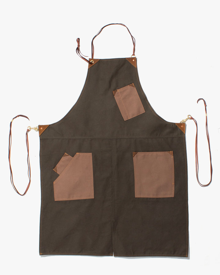 Kokoro Original Work Apron, Full, Canvas Two-Tone, Olive with Brown Pockets