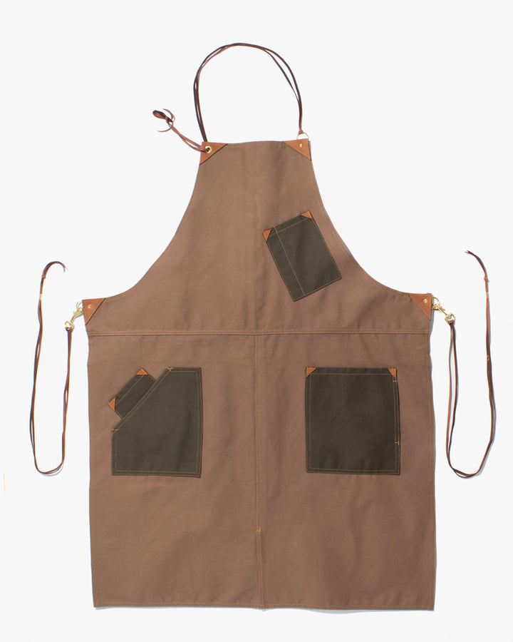 Kokoro Original Work Apron, Full, Canvas Two-Tone, Brown with Olive Pockets