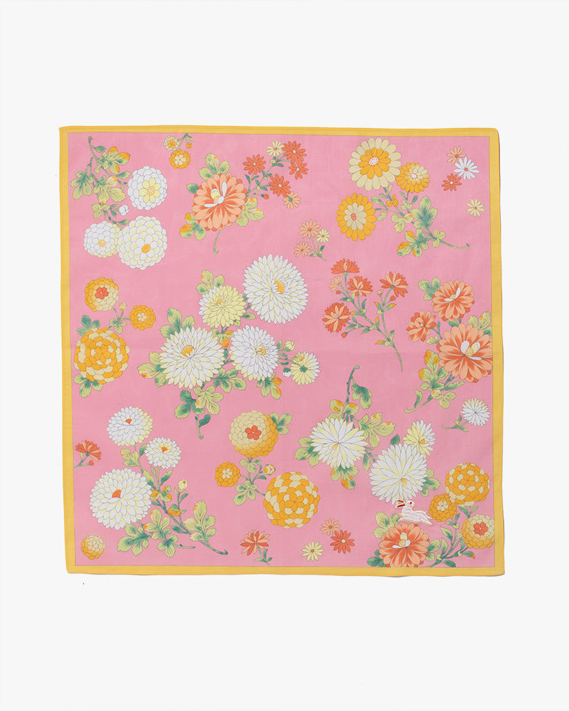 Japanese Handkerchief, Classic, Pink Chrysanthemum with Rabbit Embroidery