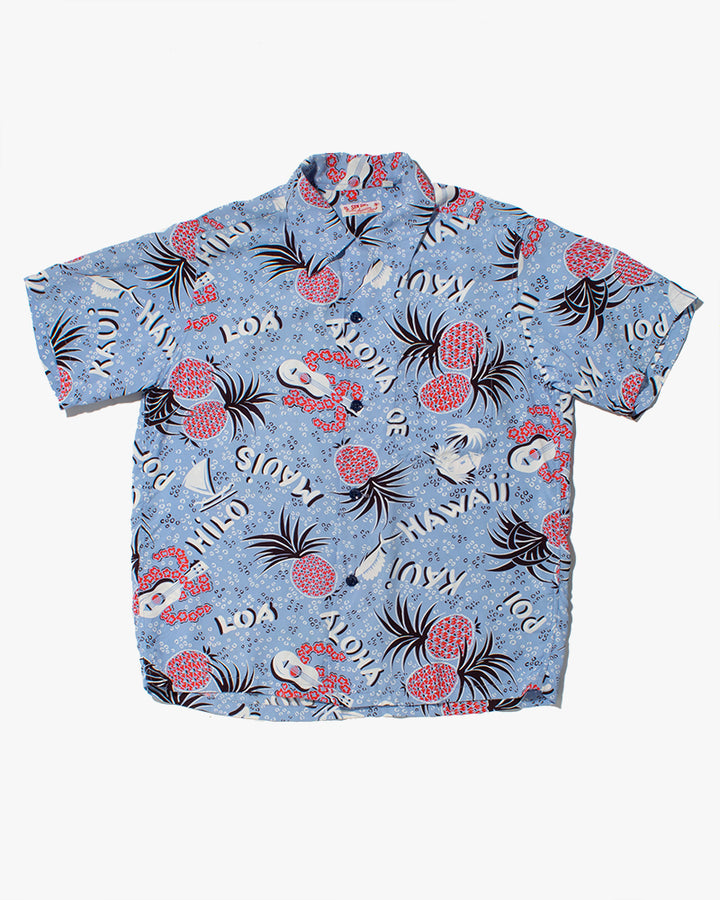 Japanese Repro Shirt, Aloha Short Sleeve, Sun Surf Brand, Blue and Red Pineapples - S