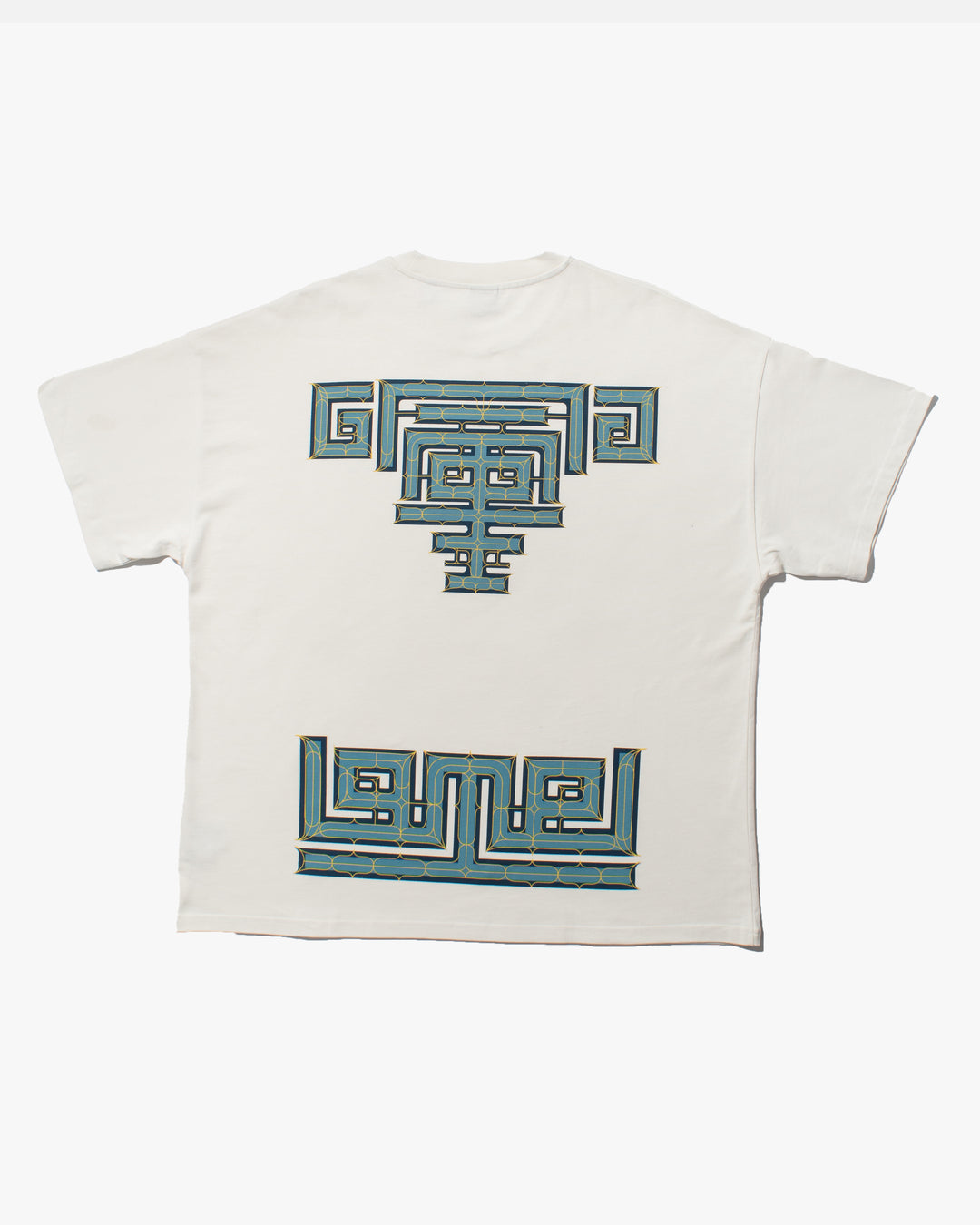Kiriko Original Ainu Tee, Cream with Indigo, Sky Blue and Gold