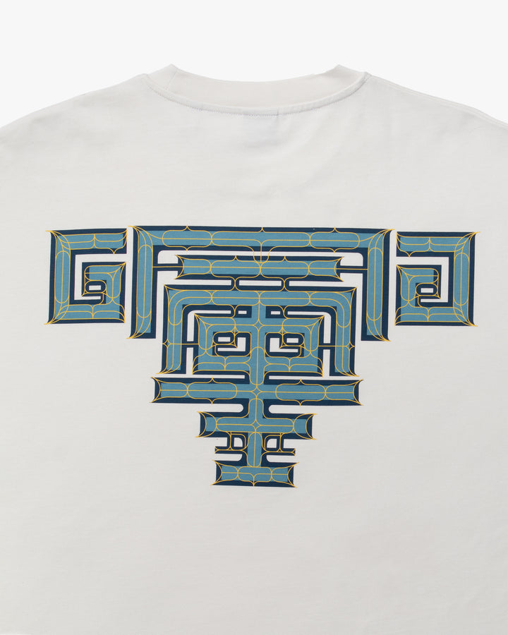 Kiriko Original Ainu Tee, Cream with Indigo, Sky Blue and Gold