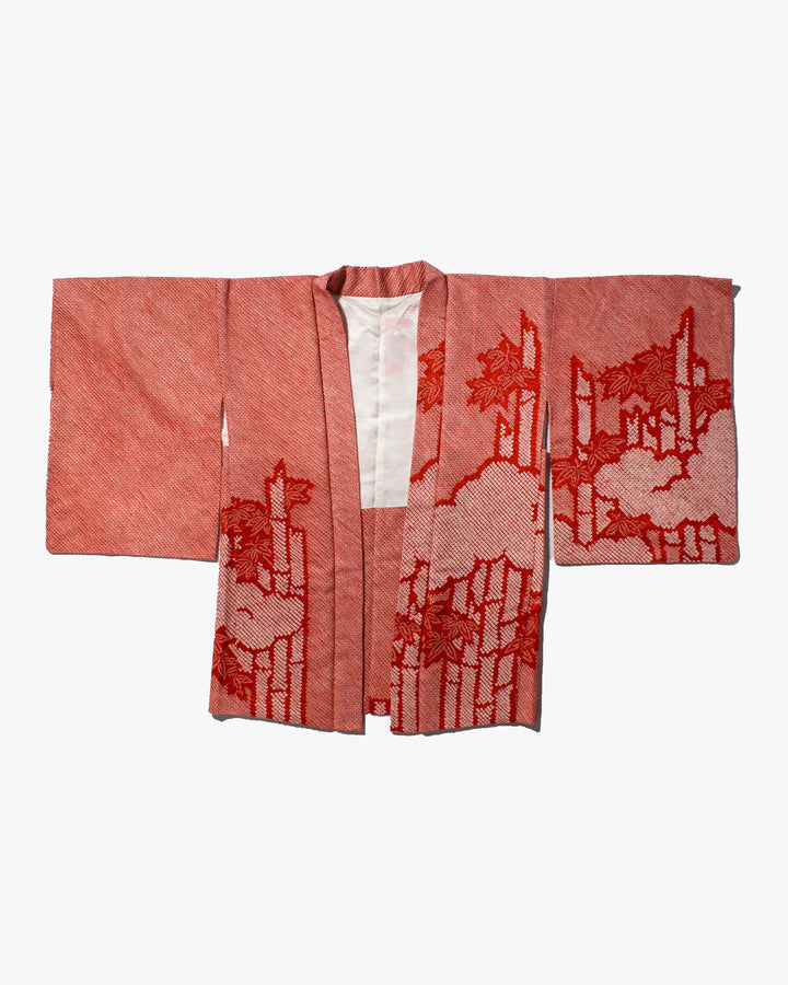 Vintage Haori Jacket, Full Shibori, Vibrant Red with White Leaf Pattern