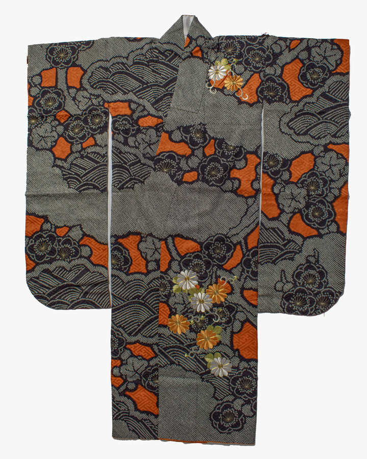 Vintage Furisode Jacket, Full Shibori, Black with White, Orange &amp; White Flowers with Gold Embroidery