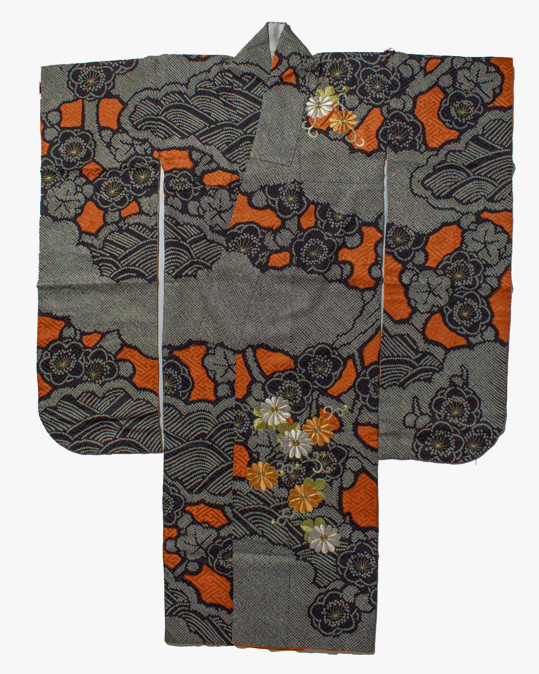 Vintage Furisode Jacket, Full Shibori, Black with White, Orange &amp; White Flowers with Gold Embroidery