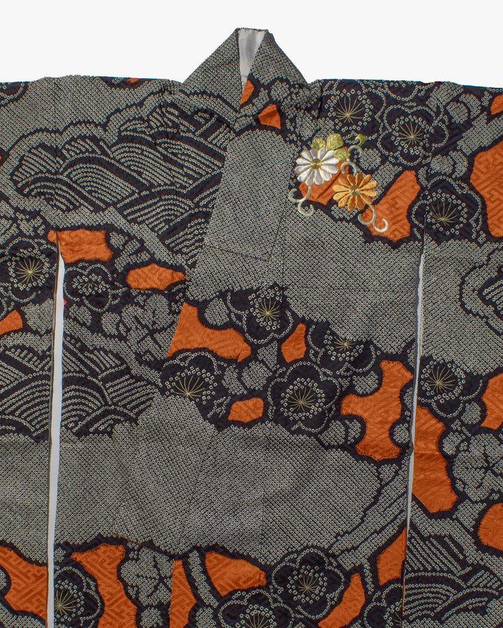 Vintage Furisode Jacket, Full Shibori, Black with White, Orange &amp; White Flowers with Gold Embroidery