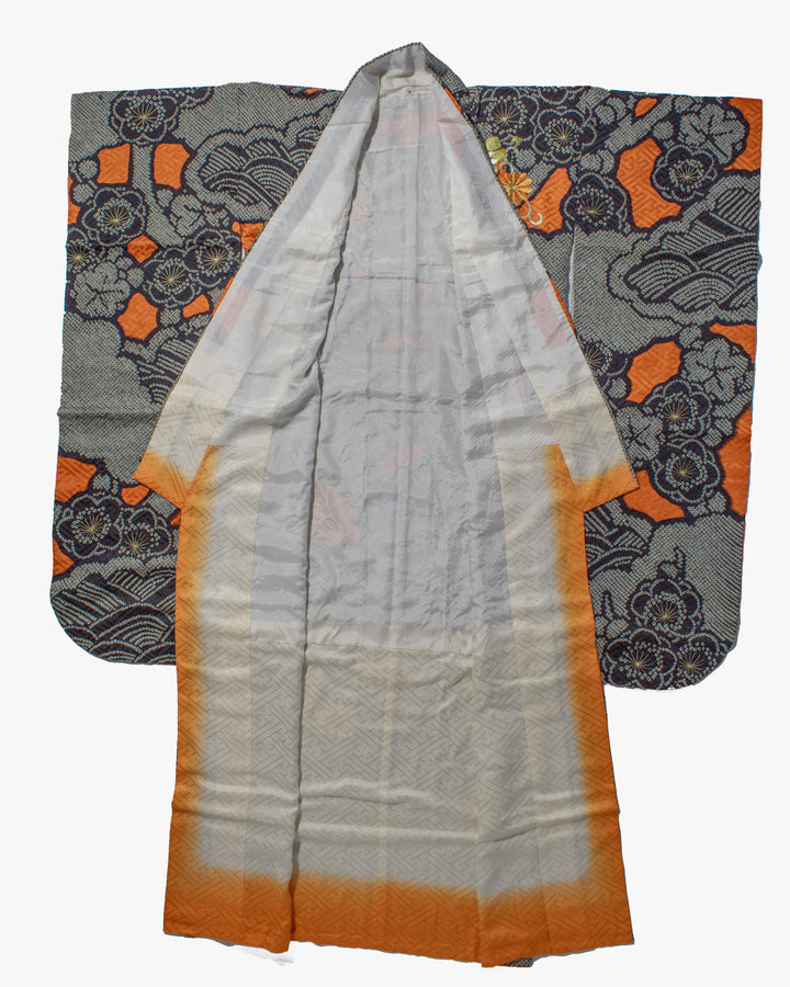 Vintage Furisode Jacket, Full Shibori, Black with White, Orange &amp; White Flowers with Gold Embroidery