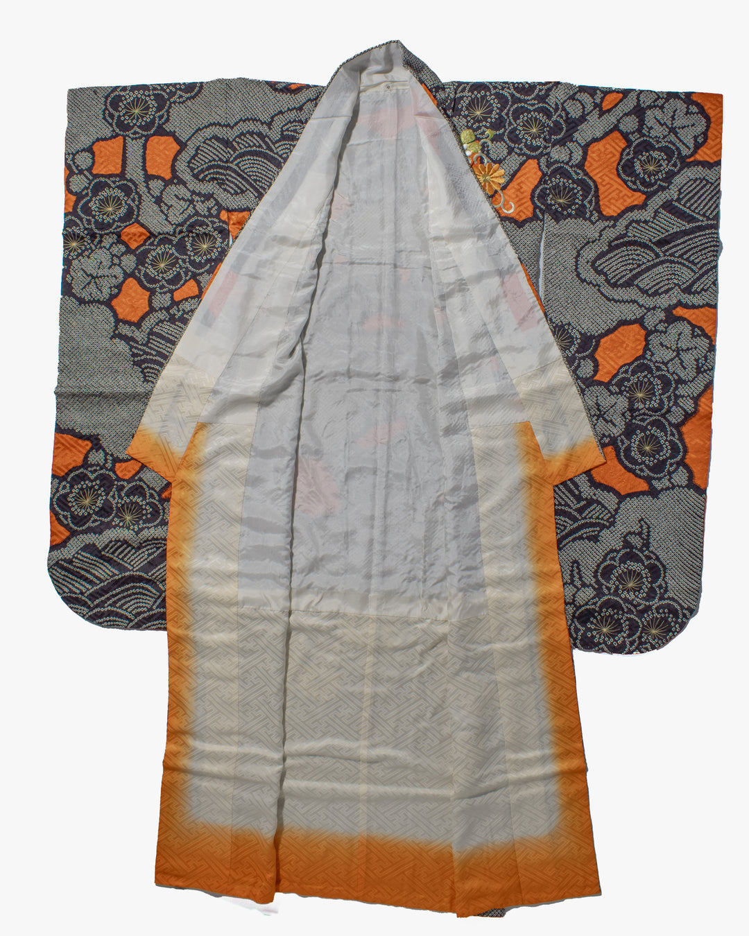 Vintage Furisode Jacket, Full Shibori, Black with White, Orange &amp; White Flowers with Gold Embroidery