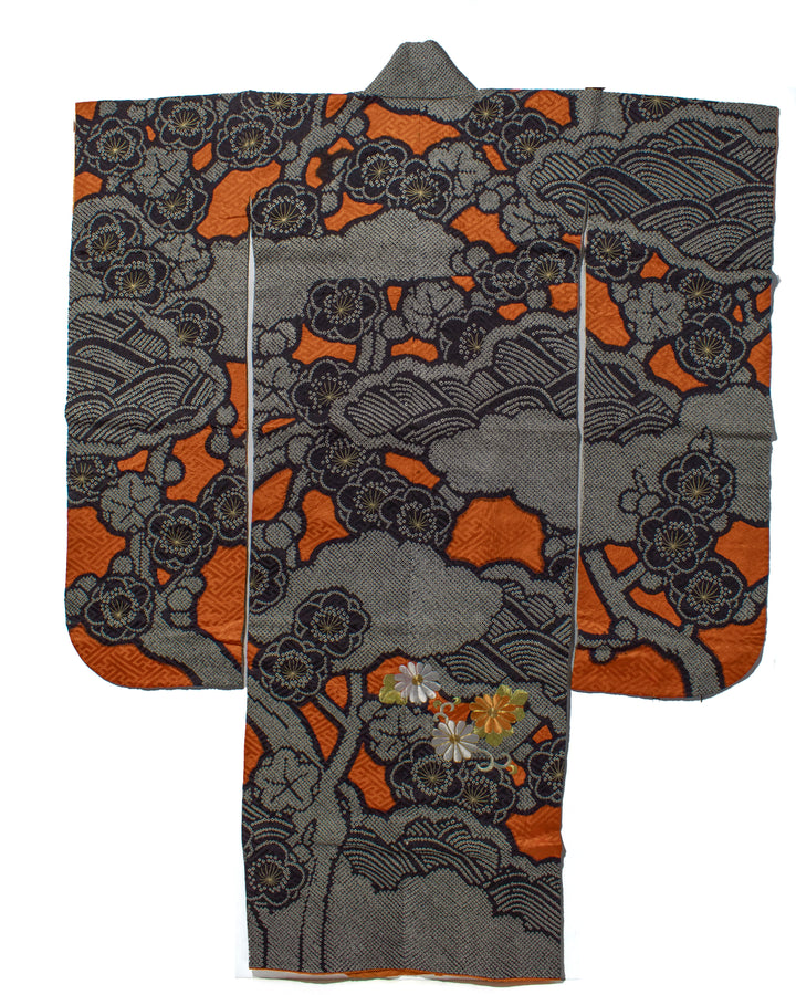 Vintage Furisode Jacket, Full Shibori, Black with White, Orange &amp; White Flowers with Gold Embroidery