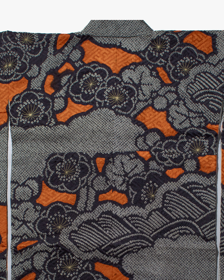 Vintage Furisode Jacket, Full Shibori, Black with White, Orange &amp; White Flowers with Gold Embroidery