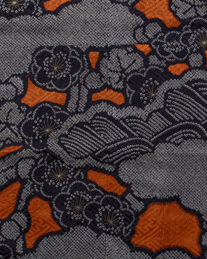 Vintage Furisode Jacket, Full Shibori, Black with White, Orange &amp; White Flowers with Gold Embroidery