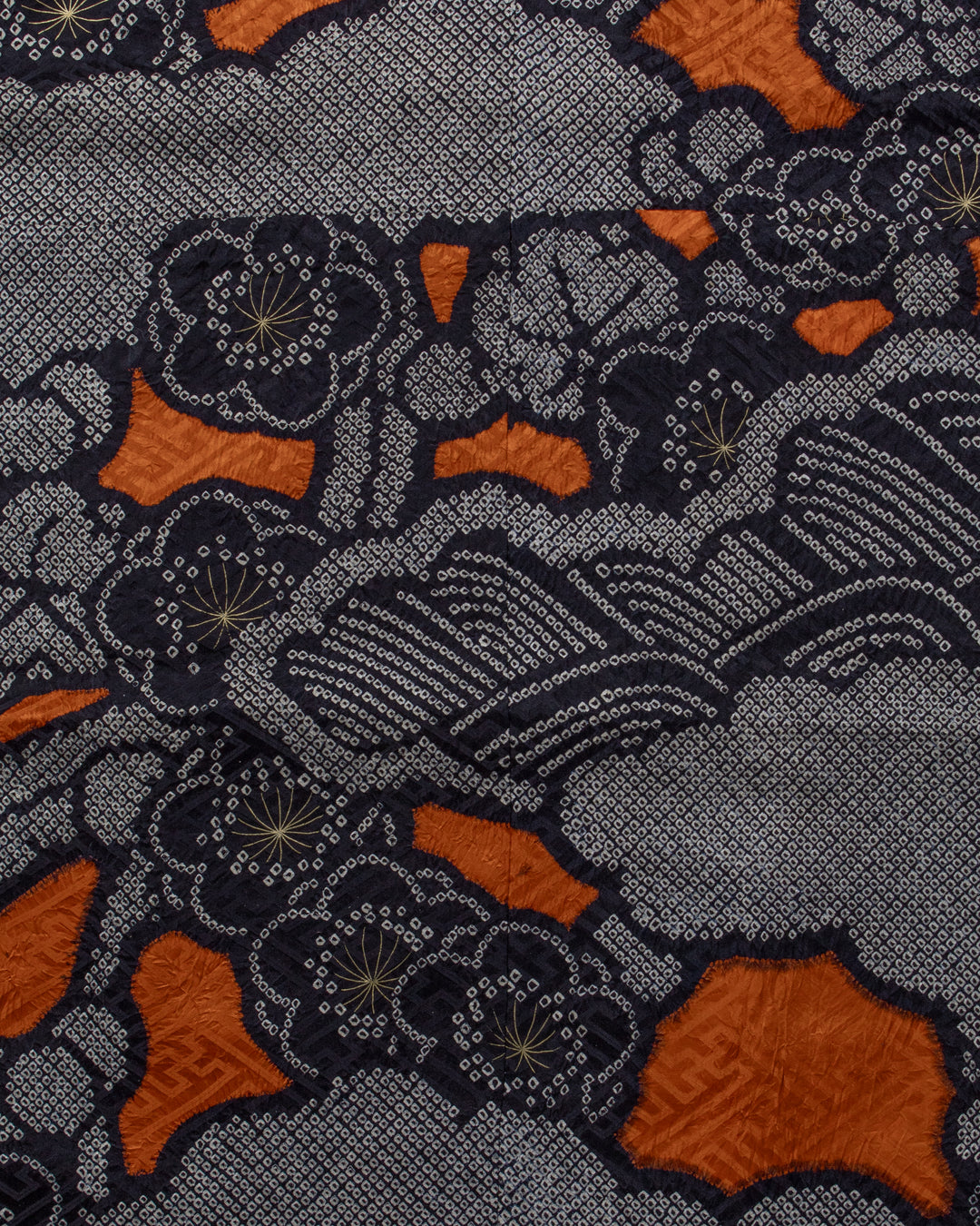 Vintage Furisode Jacket, Full Shibori, Black with White, Orange &amp; White Flowers with Gold Embroidery