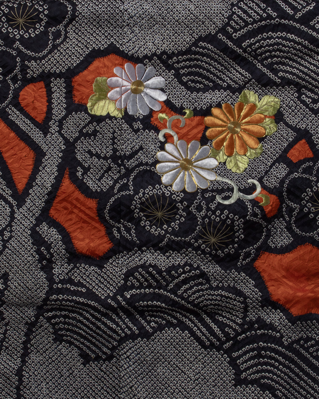 Vintage Furisode Jacket, Full Shibori, Black with White, Orange &amp; White Flowers with Gold Embroidery