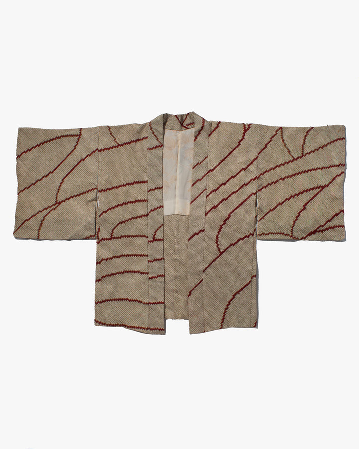 Vintage Haori Jacket, Full Shibori, Cream/ Olive Green with Red Abstract lines