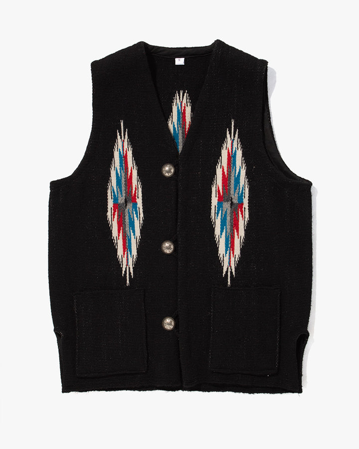 Vintage Chimayo Vest, Black with Red and Blue Accents - S