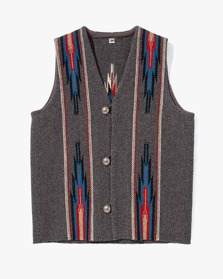 US Vintage Chimayo Vest, Dark Grey with Red and Blue Accents - S