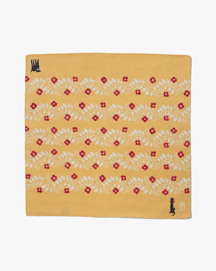 Modern Furoshiki, Musubi, Yumeji Takehisa, Yellow Cats and Vines,  19 x 19