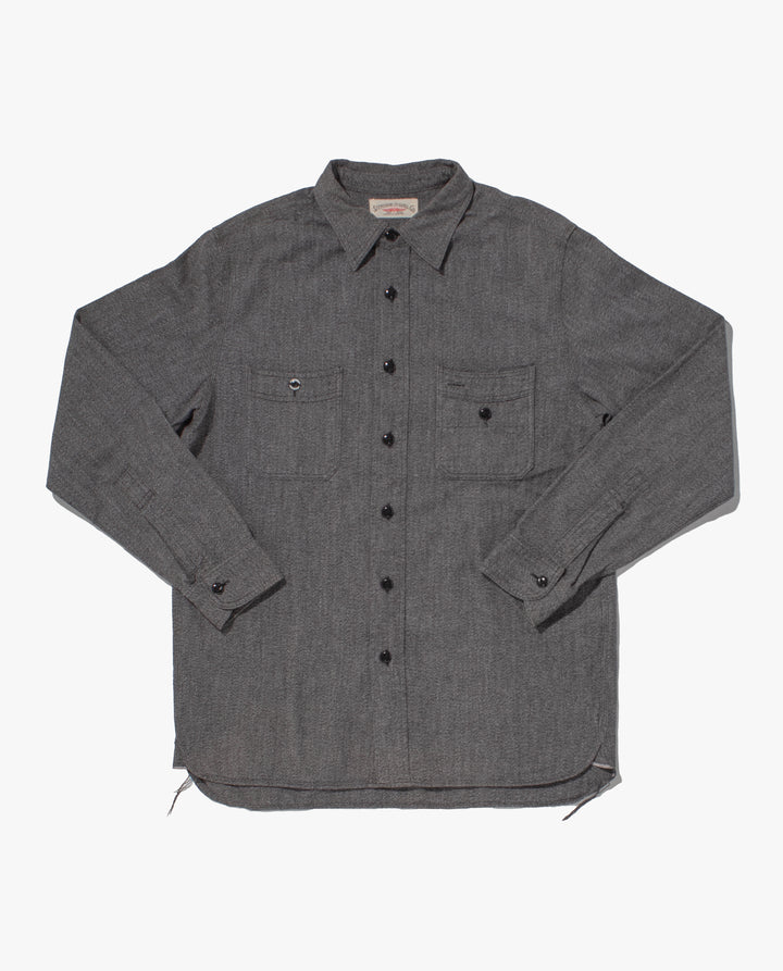 Japanese Selvedge Cotton Repro Work Shirt, Stevenson Overall Co. Brand, Long Sleeve Gray Texture - S