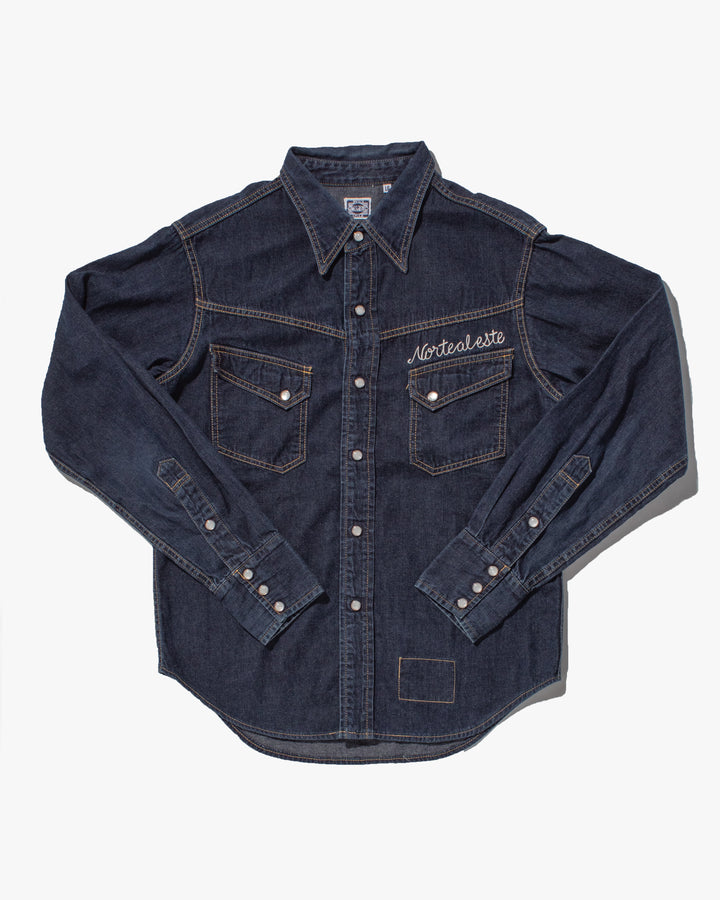 Japanese Repro Chain Stitched Denim Western Shirt, Pherrow's X Stormy Blue Brands, Long Sleeve Button-Up - L