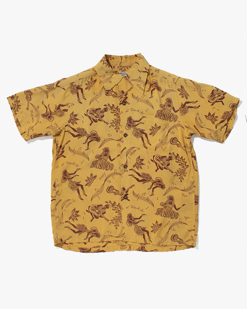 Japanese Repro, Short Sleeve Aloha Shirt, Sun Surf Brand, Yellow with Musical Dancers - S
