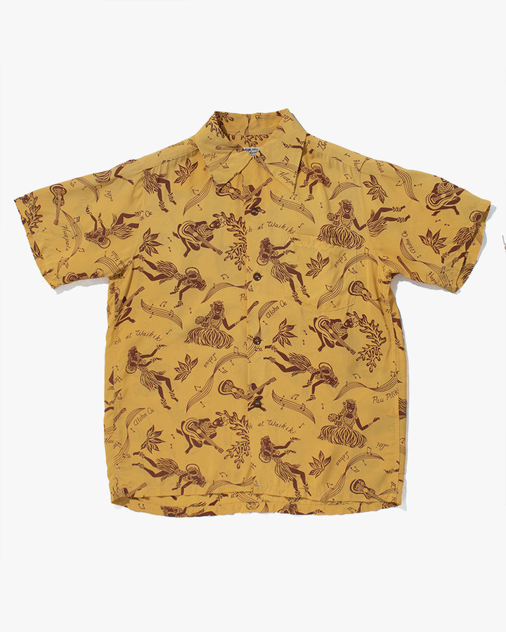 Japanese Repro, Short Sleeve Aloha Shirt, Sun Surf Brand, Yellow with Musical Dancers - S