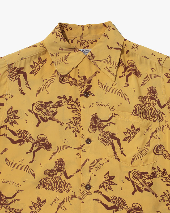 Japanese Repro, Short Sleeve Aloha Shirt, Sun Surf Brand, Yellow with Musical Dancers - S