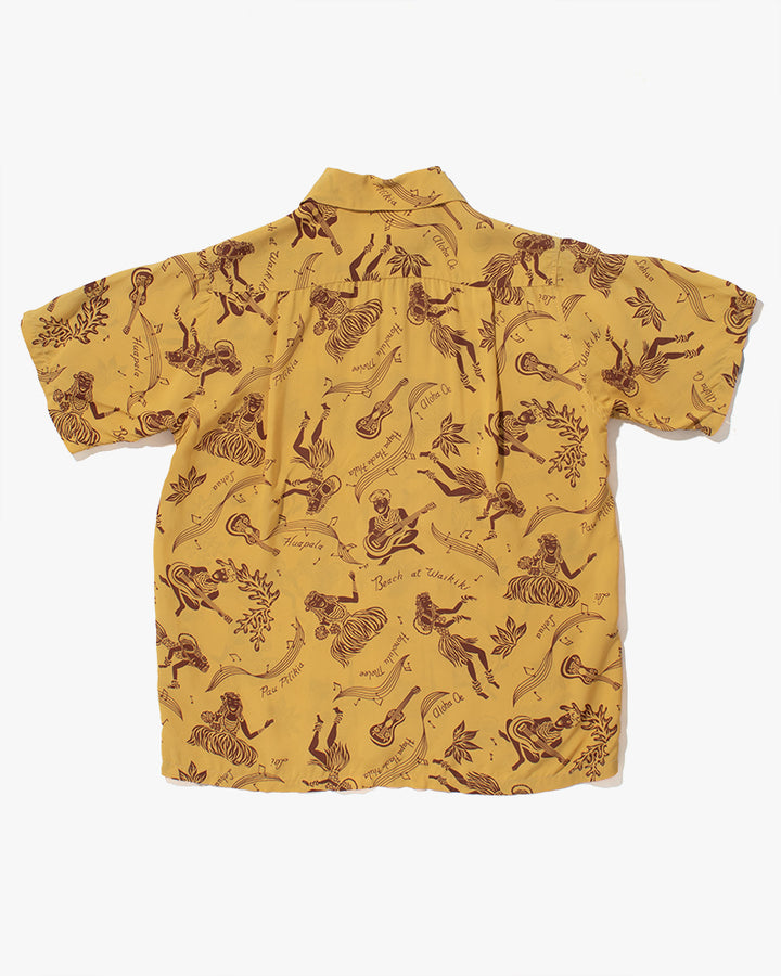 Japanese Repro, Short Sleeve Aloha Shirt, Sun Surf Brand, Yellow with Musical Dancers - S