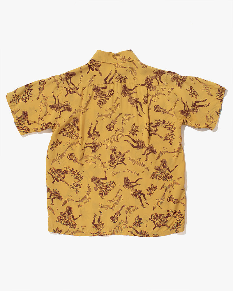 Japanese Repro, Short Sleeve Aloha Shirt, Sun Surf Brand, Yellow with Musical Dancers - S