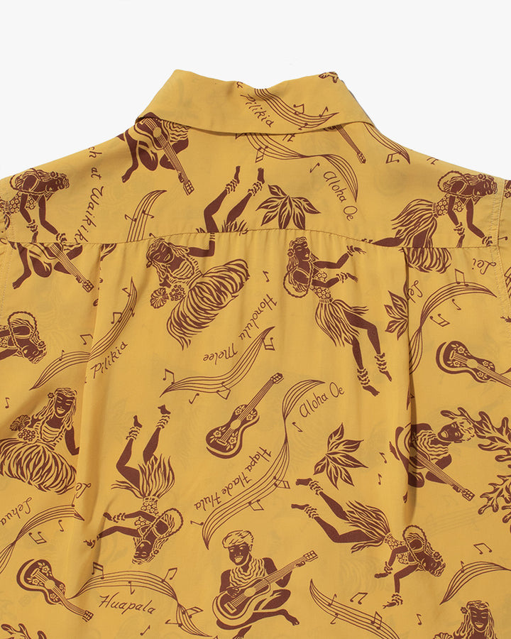 Japanese Repro, Short Sleeve Aloha Shirt, Sun Surf Brand, Yellow with Musical Dancers - S