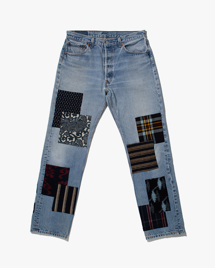 Kiriko Custom Denim Jeans, Patched Vintage Boro, Levi Brand - 35" x 36"