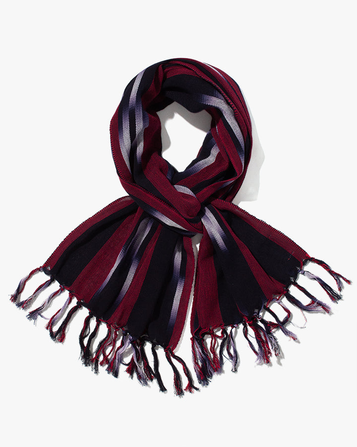 ToK Scarf, Karu-Ori, Indigo with Black and Purple Gradient and Burgundy Shima