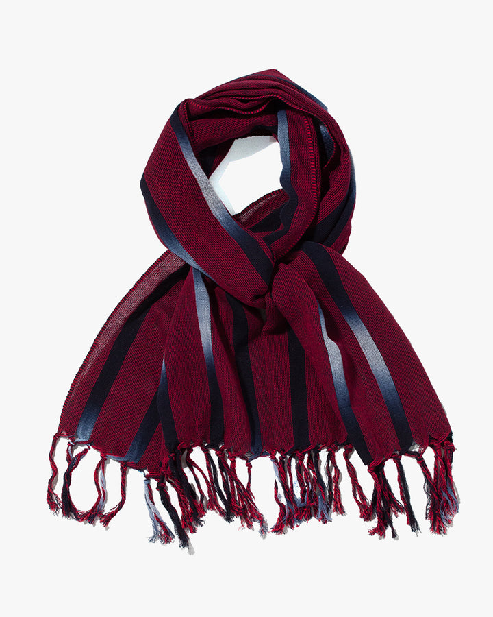 ToK Scarf, Karu-Ori, Indigo with Burgundy and white and Black Fade Shima