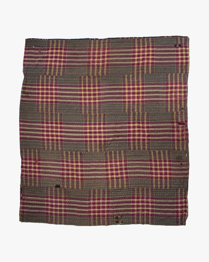 Vintage Boro Blanket, Grey and Purple Plaid with Indigo Accents