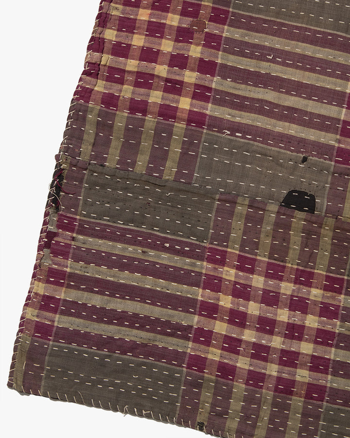 Vintage Boro Blanket, Grey and Purple Plaid with Indigo Accents