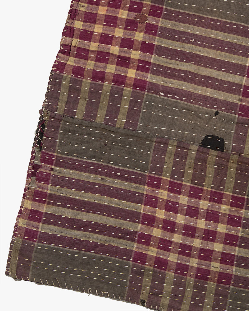 Vintage Boro Blanket, Grey and Purple Plaid with Indigo Accents