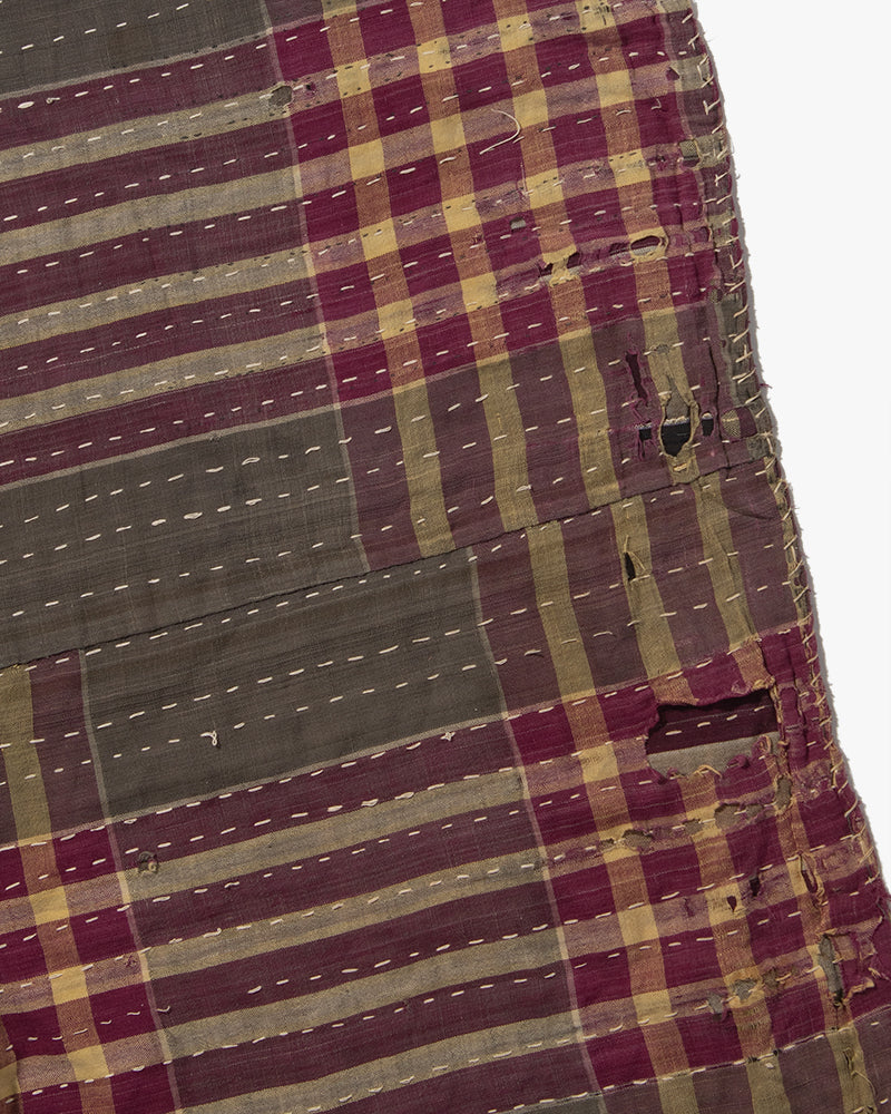 Vintage Boro Blanket, Grey and Purple Plaid with Indigo Accents