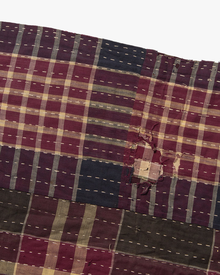Vintage Boro Blanket, Grey and Purple Plaid with Indigo Accents