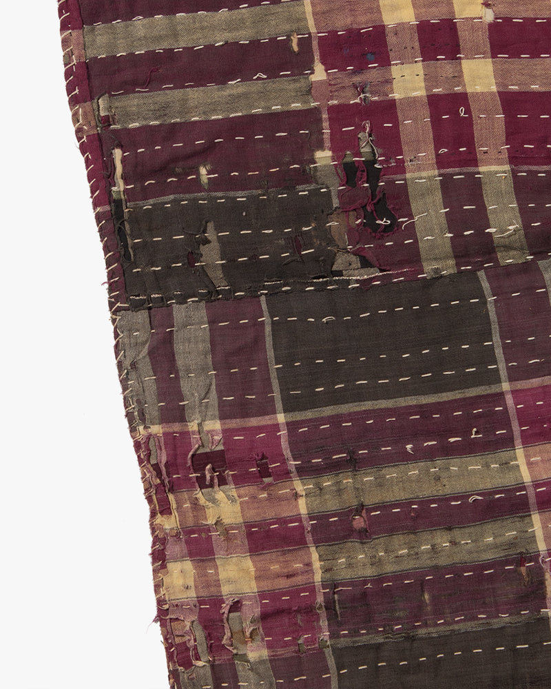 Vintage Boro Blanket, Grey and Purple Plaid with Indigo Accents