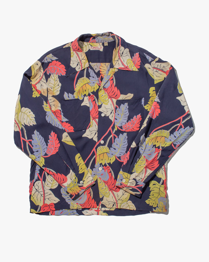 Japanese Repro, Long Sleeve Aloha Shirt, Sun Surf Brand, Navy with Colorful Monstera Leaves