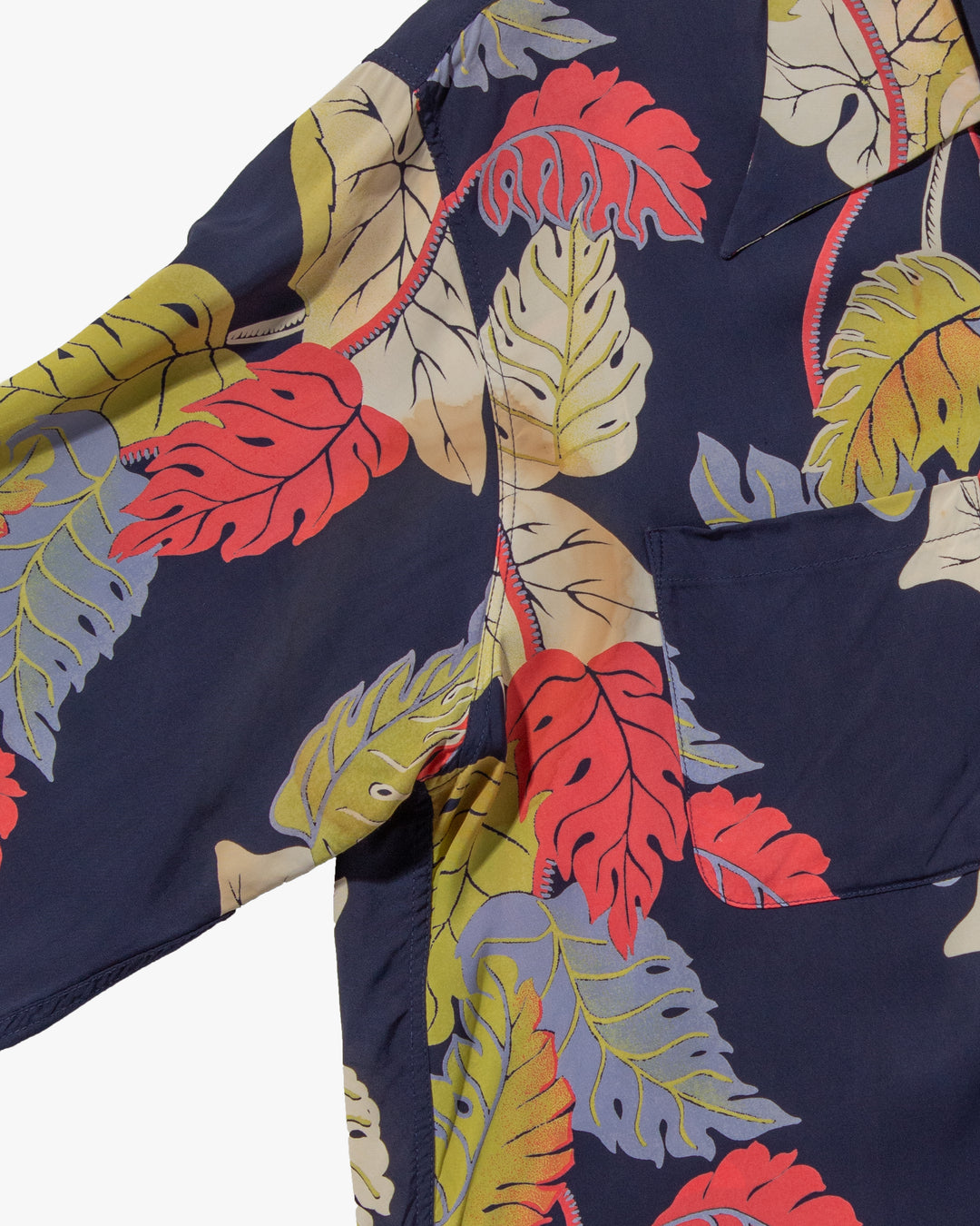 Japanese Repro, Long Sleeve Aloha Shirt, Sun Surf Brand, Navy with Colorful Monstera Leaves