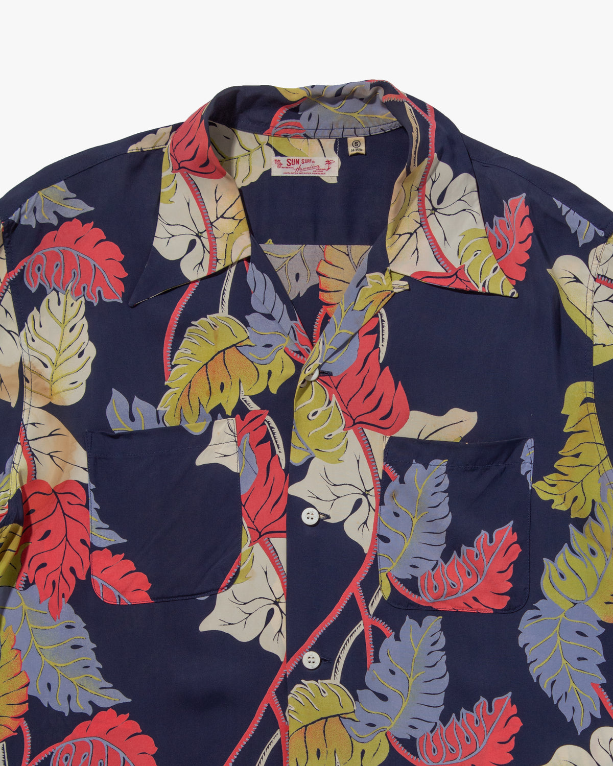 Japanese Repro, Long Sleeve Aloha Shirt, Sun Surf Brand, Navy with Colorful Monstera Leaves