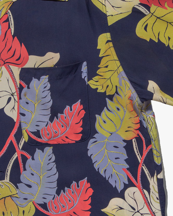 Japanese Repro, Long Sleeve Aloha Shirt, Sun Surf Brand, Navy with Colorful Monstera Leaves