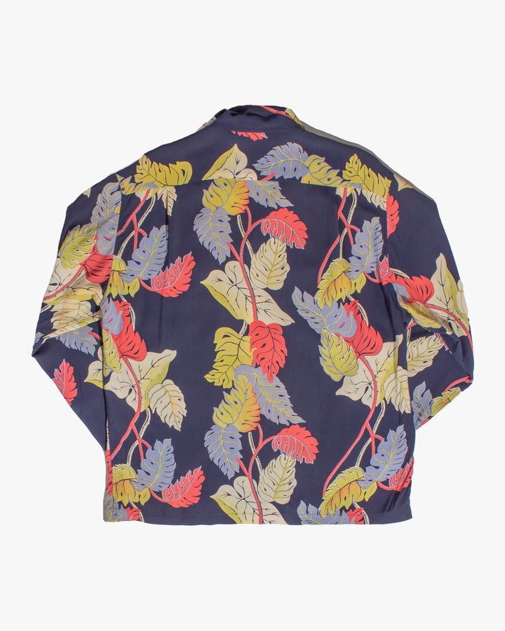 Japanese Repro, Long Sleeve Aloha Shirt, Sun Surf Brand, Navy with Colorful Monstera Leaves