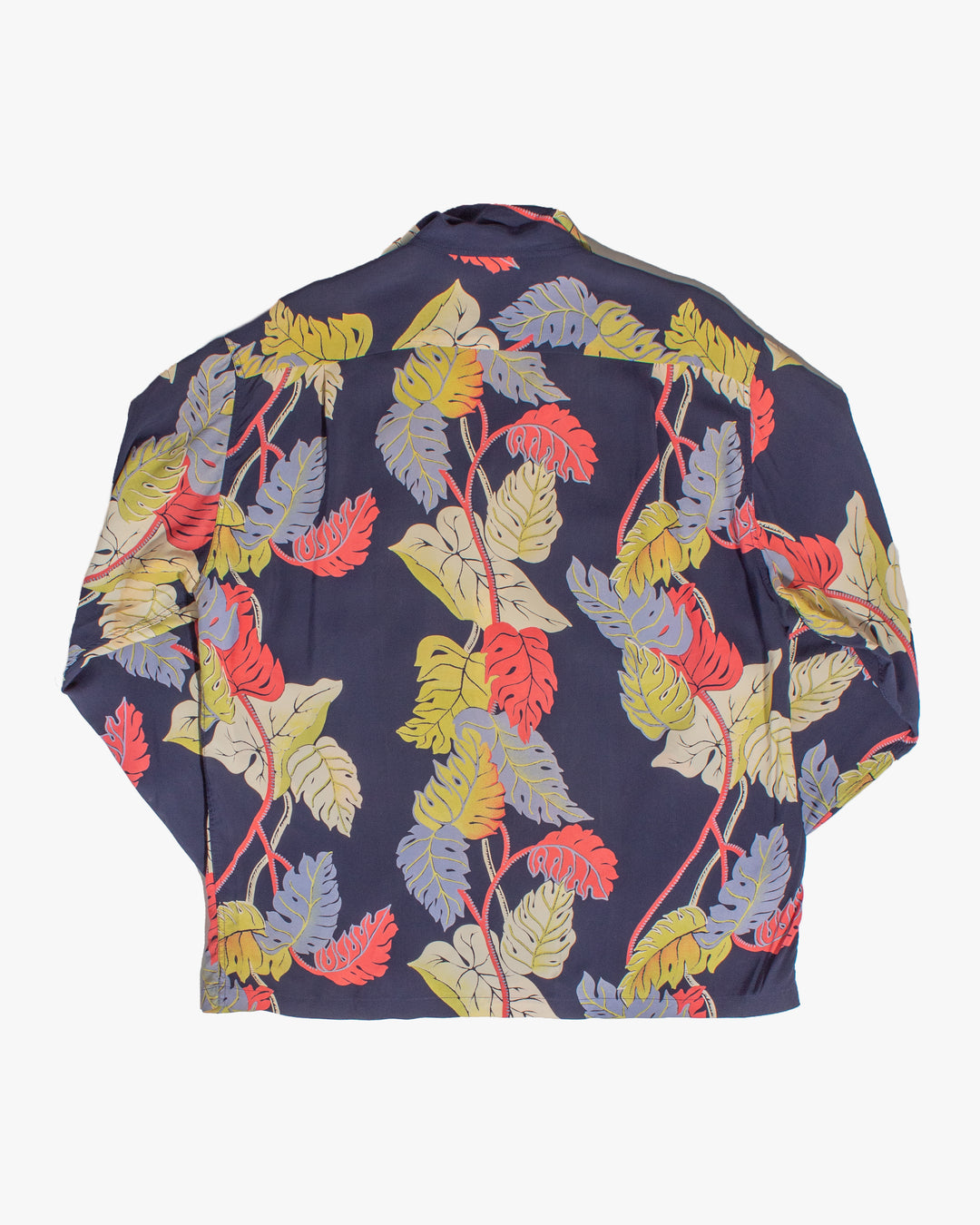 Japanese Repro, Long Sleeve Aloha Shirt, Sun Surf Brand, Navy with Colorful Monstera Leaves