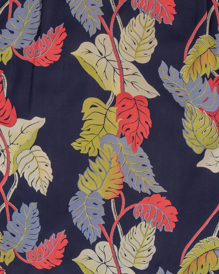 Japanese Repro, Long Sleeve Aloha Shirt, Sun Surf Brand, Navy with Colorful Monstera Leaves