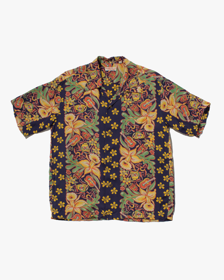 Japanese Repro, Short Sleeve Aloha Shirt, Sun Surf Brand, Navy Blue with Coral, Green, and Yellow Flowers