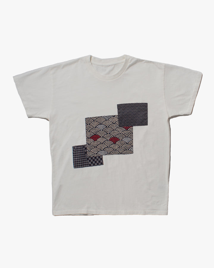 Patched Tee, White with Indigo Sashiko and Seigaiha