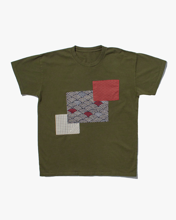 Patched Tee, Green with White Sashiko and Seigaiha