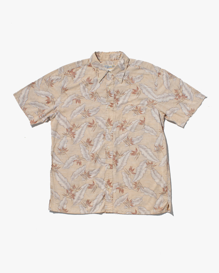 Japanese Repro, Short Sleeve Aloha Shirt, Hawaiian Aloha Tropical Brand, Cream and Brown Leaves